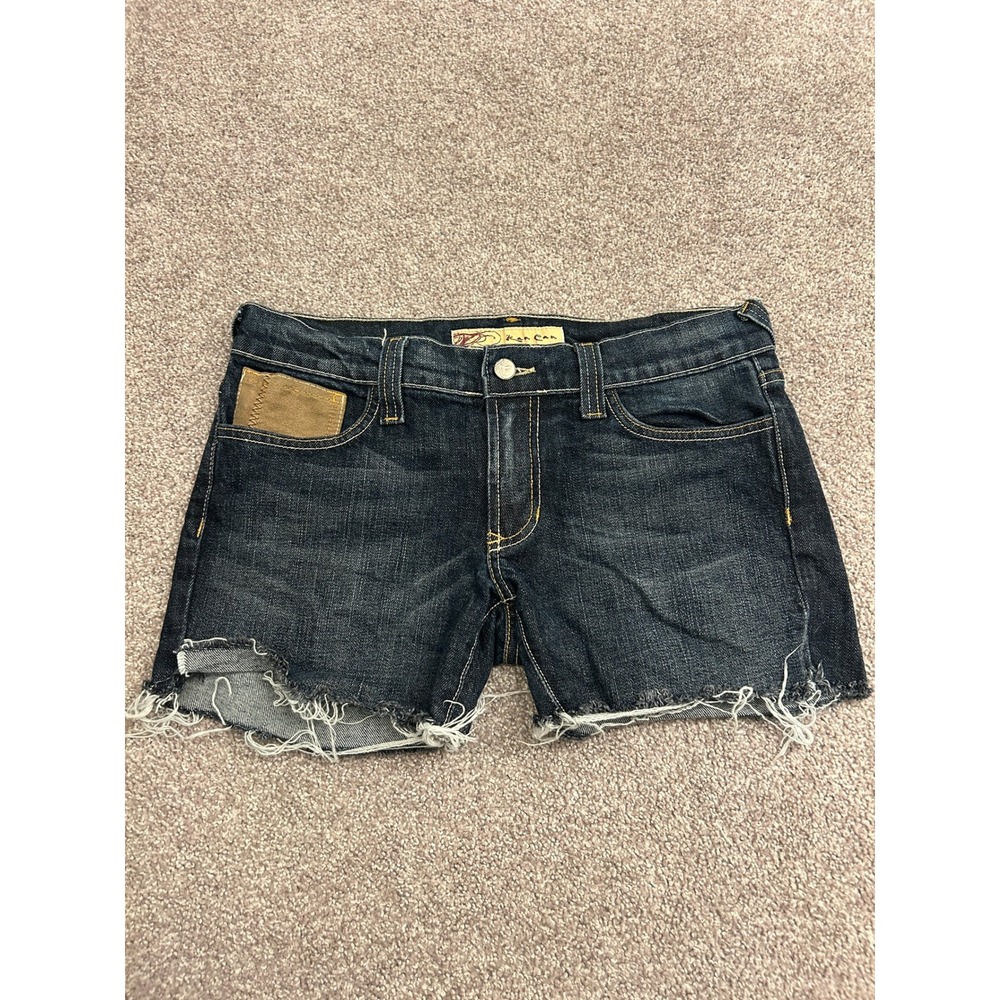 Kan Can Denim Shorts Womens 9 Dark Wash Excellent Frayed Raw Hem Suede Patch